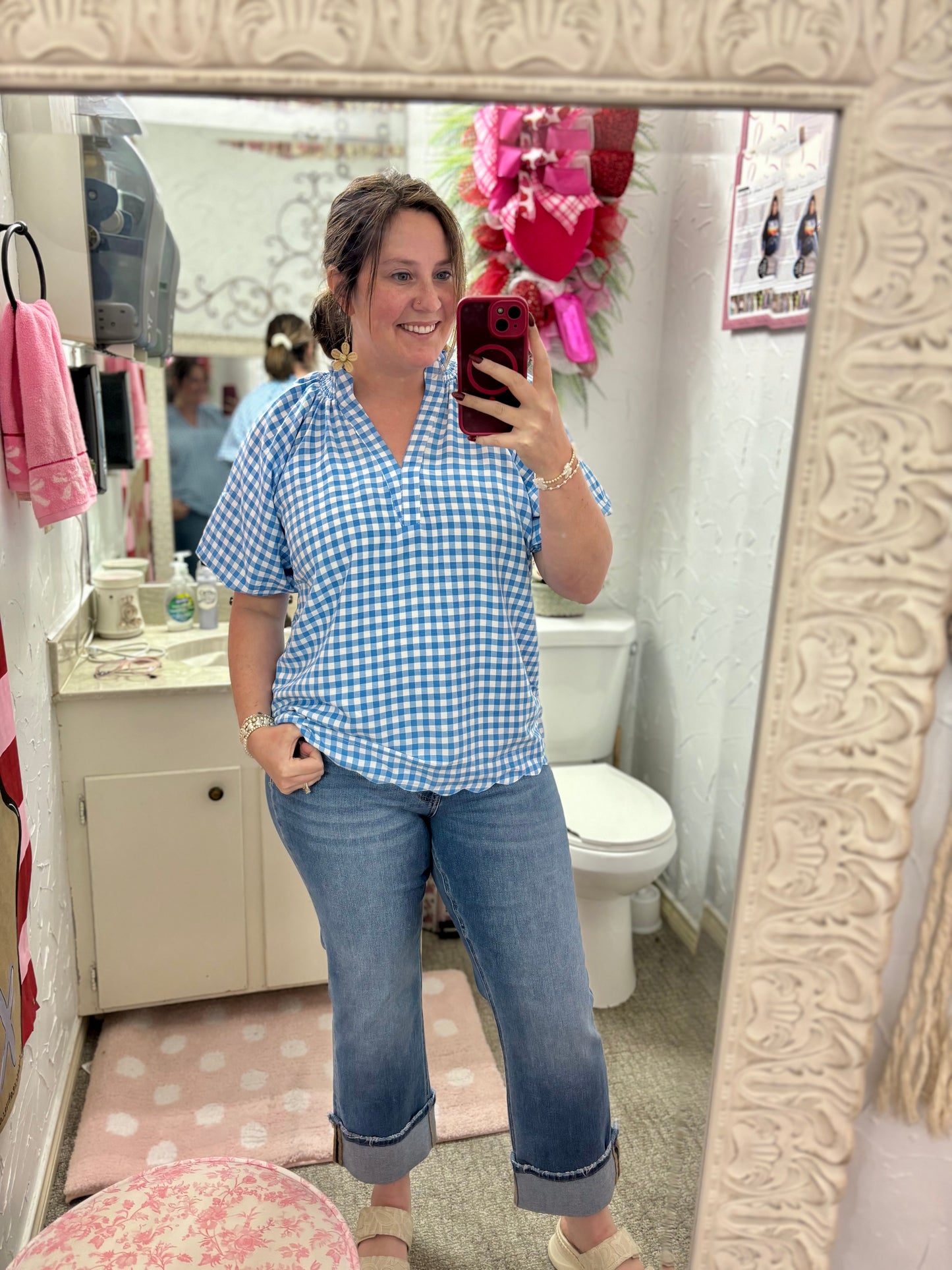 Blue Gingham Scalloped Top by Umgee