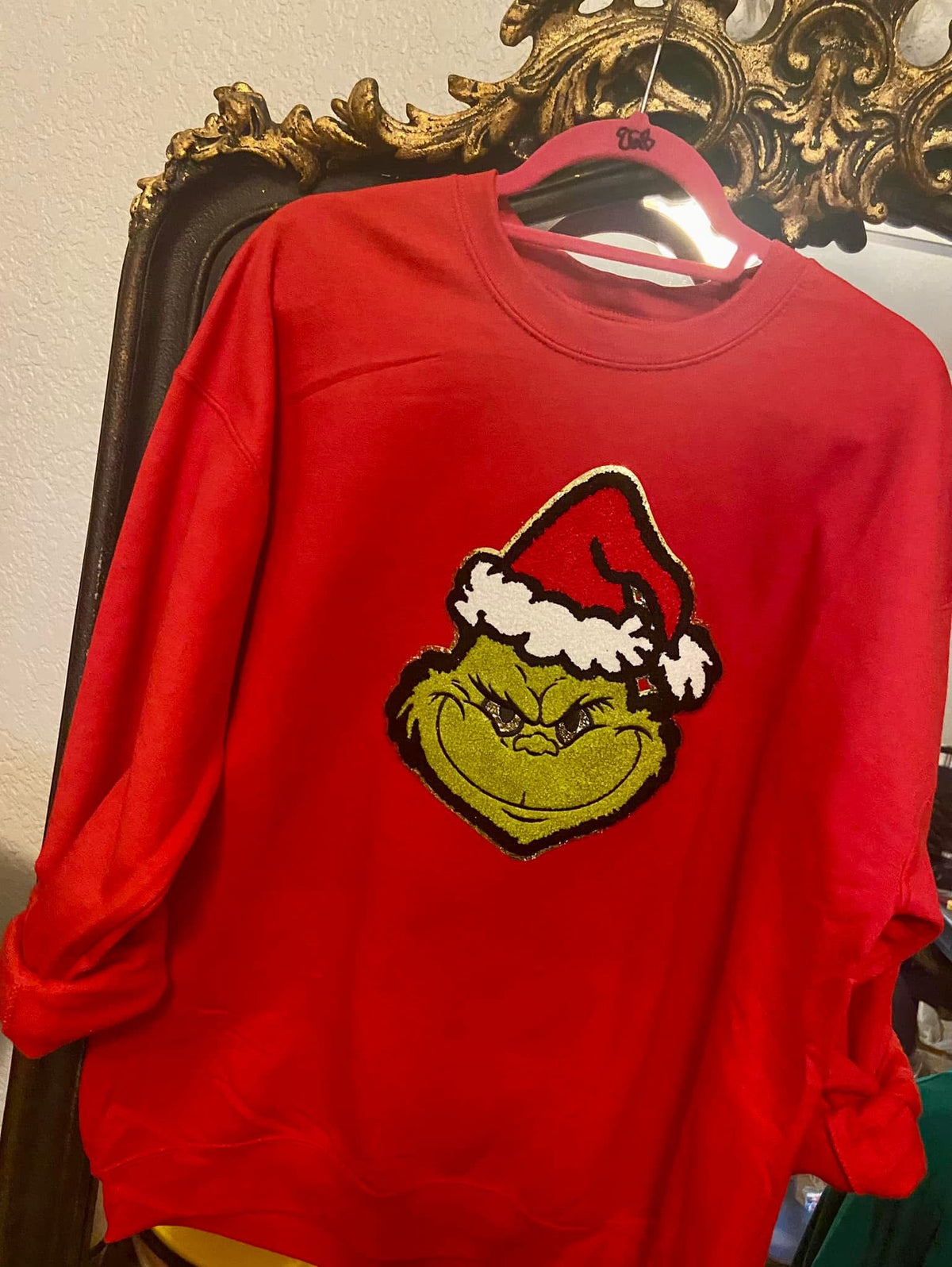 Grinchy Face Chenille Patch Pullover