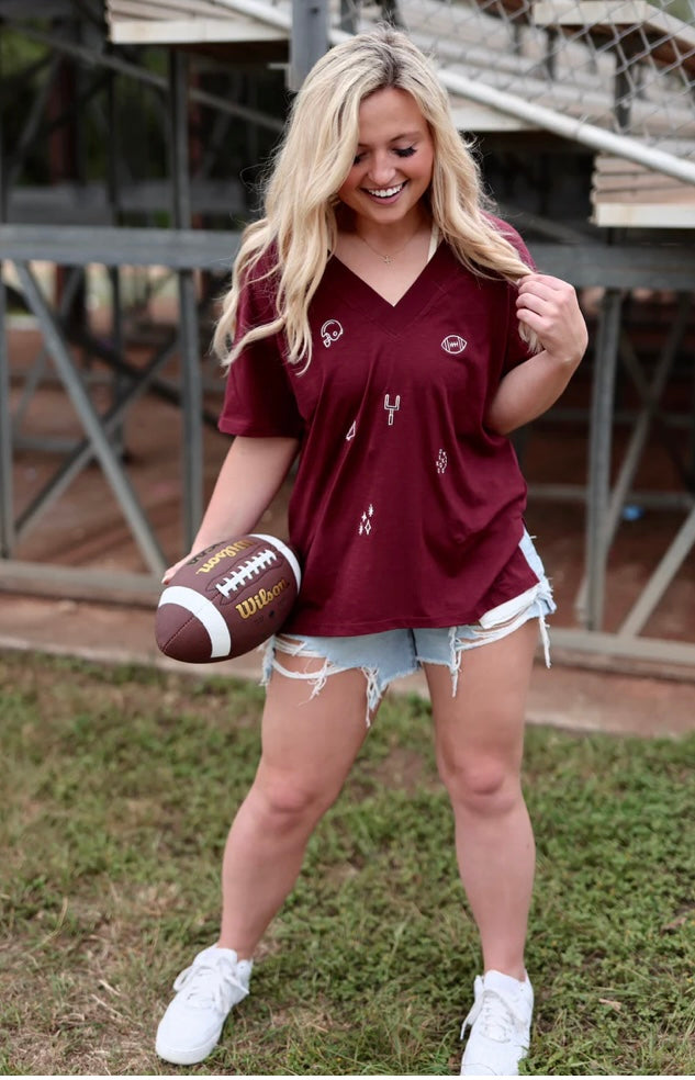 JLB Boyfriend V-Neck - Traditional FOOTBALL Elements- Short Sleeve (MAROON)