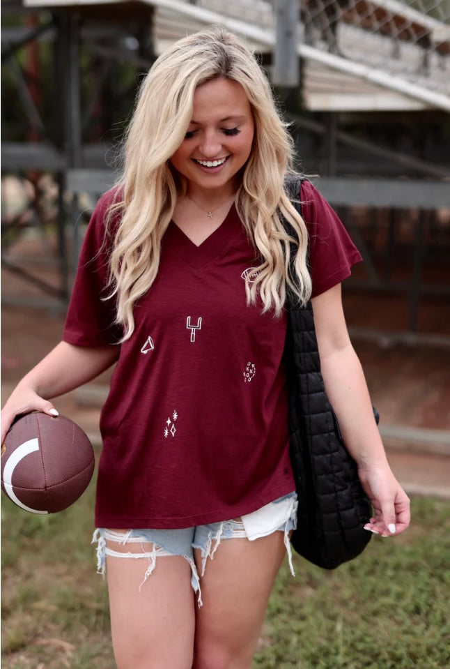 JLB Boyfriend V-Neck - Traditional FOOTBALL Elements- Short Sleeve (MAROON)