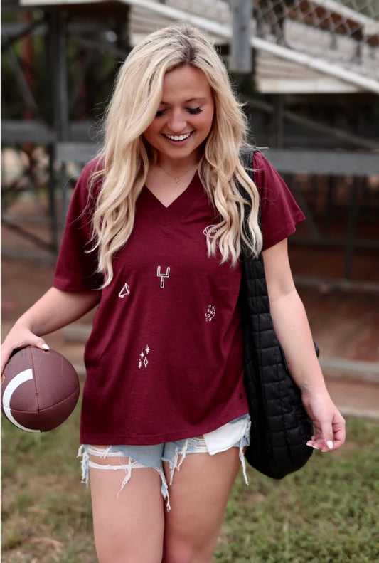JLB Boyfriend V-Neck - Traditional FOOTBALL Elements- Short Sleeve (MAROON)