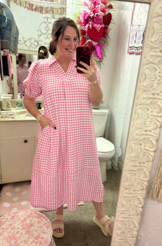 Pink Gingham Midi Dress by Umgee