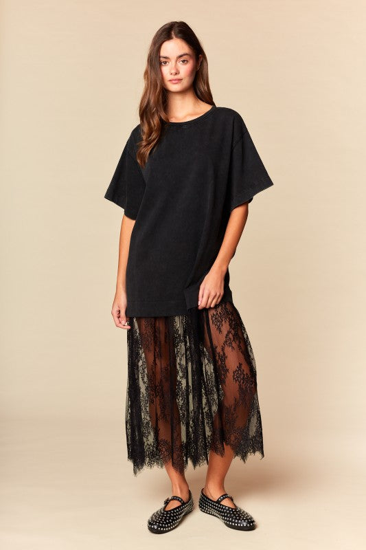 Black Lace Hem T-shirt Dress By Rareraw