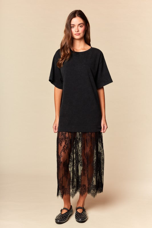 Black Lace Hem T-shirt Dress By Rareraw