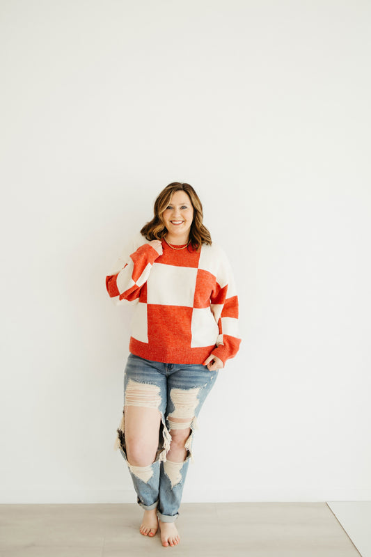 Emily Paige Designs Red Checkered Sweater Deposit