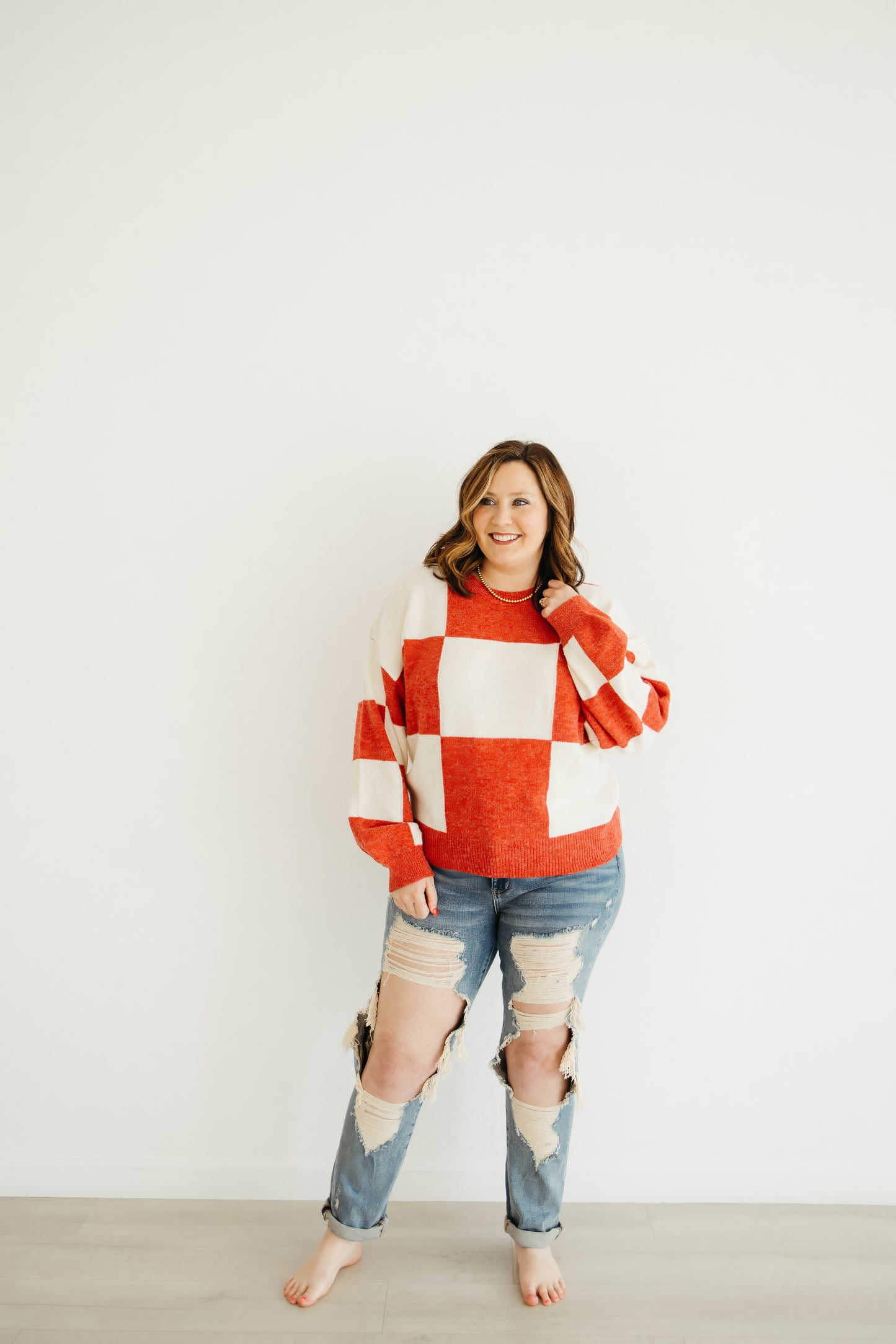 Emily Paige Designs Red Checkered Sweater Deposit