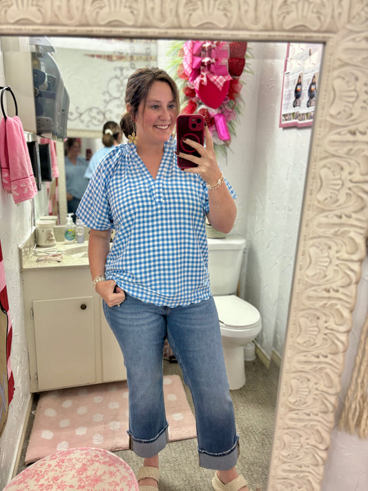 Blue Gingham Scalloped Top by Umgee