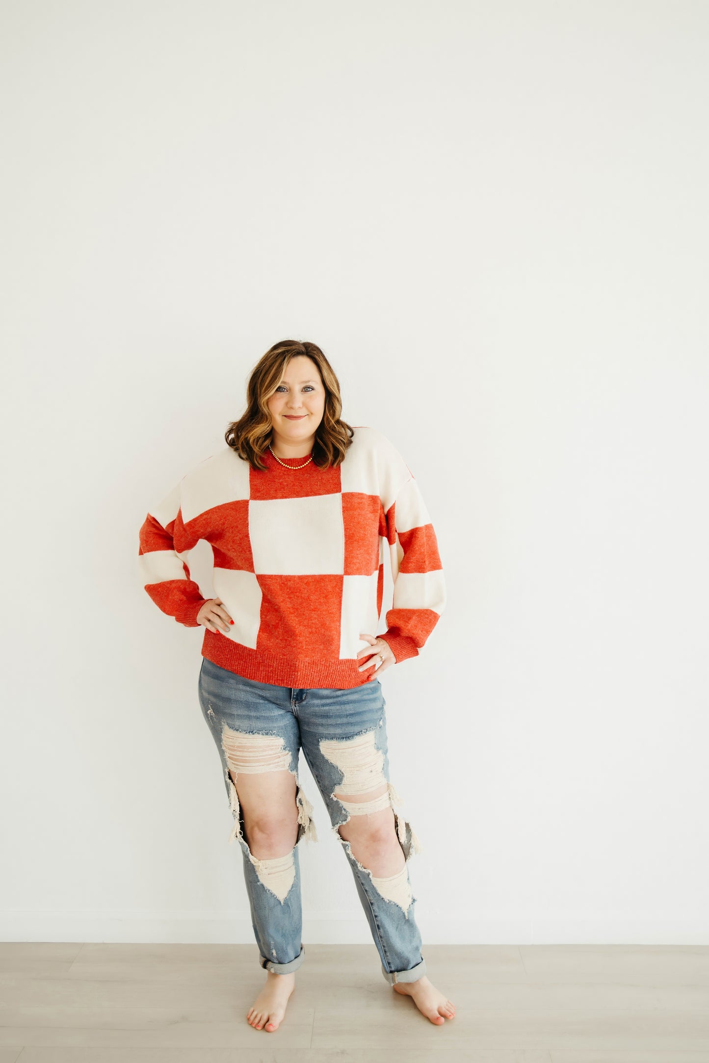 Emily Paige Designs Red Checkered Sweater Deposit