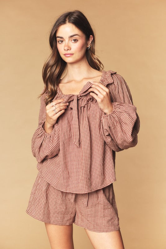 Brown Gingham Blouse and Short Set