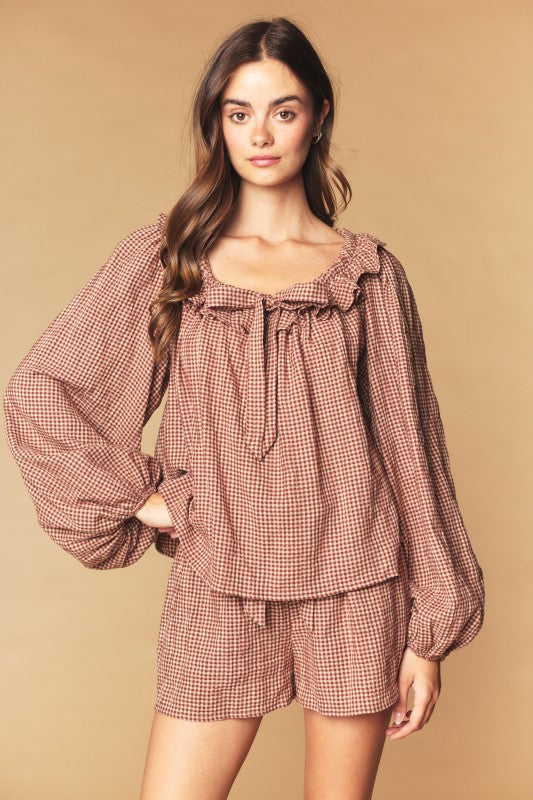 Brown Gingham Blouse and Short Set