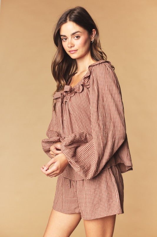 Brown Gingham Blouse and Short Set