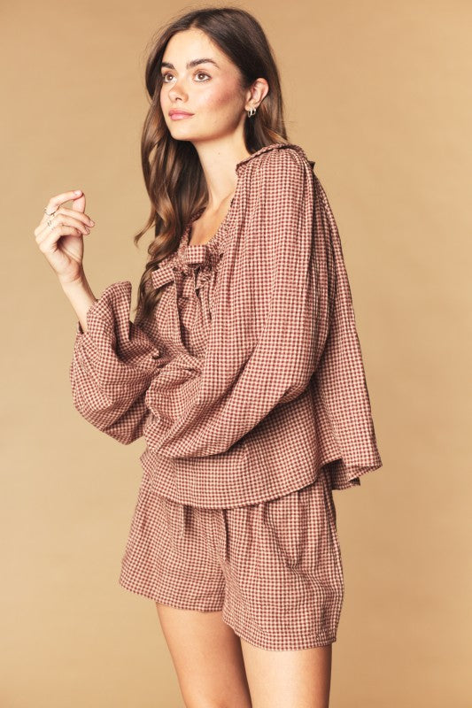 Brown Gingham Blouse and Short Set