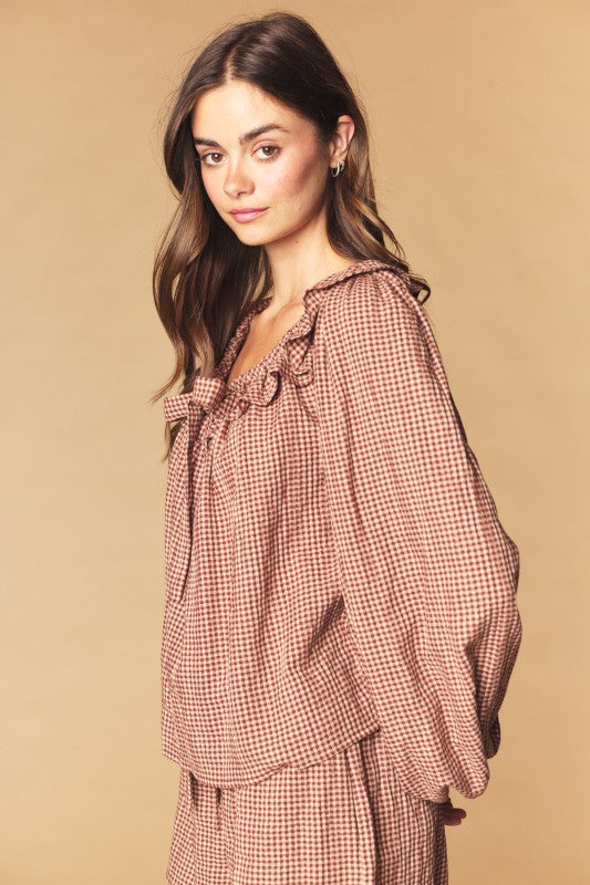 Brown Gingham Blouse and Short Set