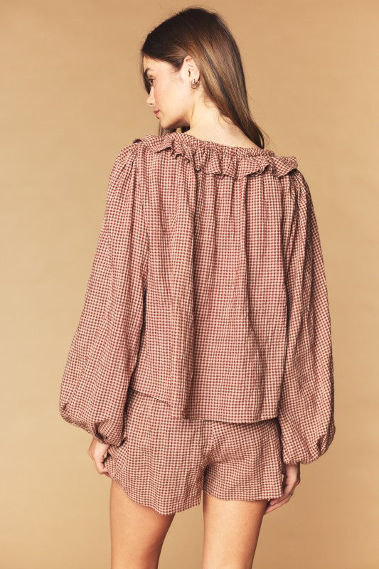 Brown Gingham Blouse and Short Set